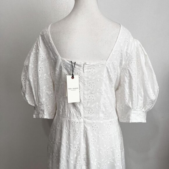 NWT TED BAKER JENAAY WHITE EYELET SHORT PUFF SLEEVE MAXI PEASANT DRESS - 5 (XL) - Picture 9 of 16